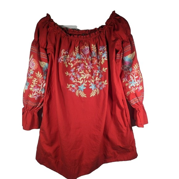 Free People Dresses & Skirts - Free People Fleur Du Jour Embroidered Off The Shoulder Dress Size Small Red
